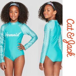 Cat & Jack | Long Sleeve Aqua Mermaid Rash Guard One Piece Swimsuit | Size Large